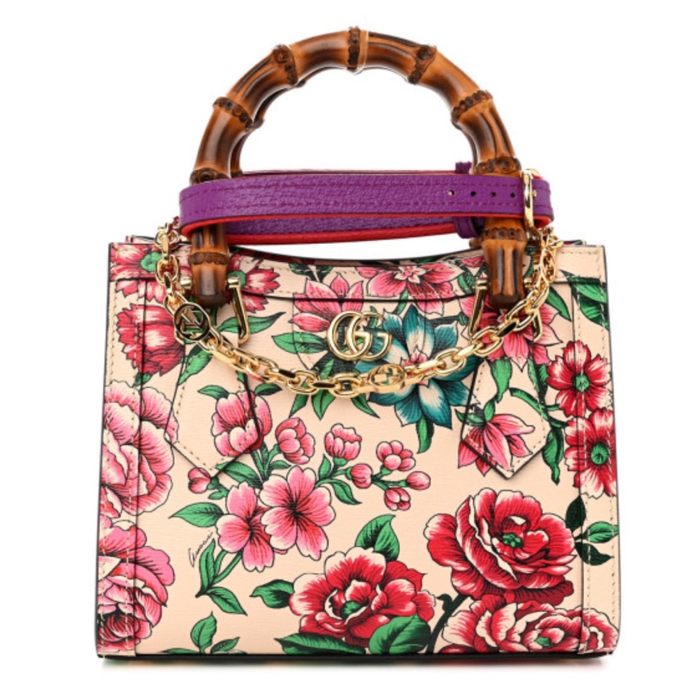 Gucci - Shangai Calfskin Floral Print Mini Diana Tote Bag Multicolor